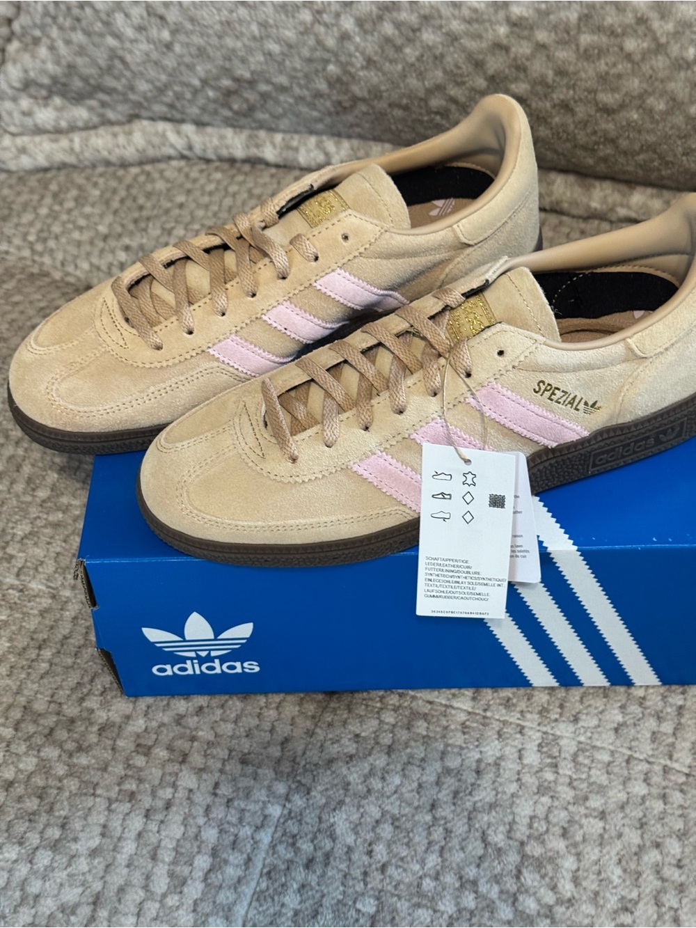 adidas Women's Spezial Suede Sneakers in Beige with Baby Pink Stripes - Picture 2 of 5
